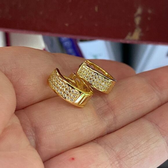 Micro Pave 14K CZ Sterling Silver Gold Hoop Earrings - Picture 2 of 7